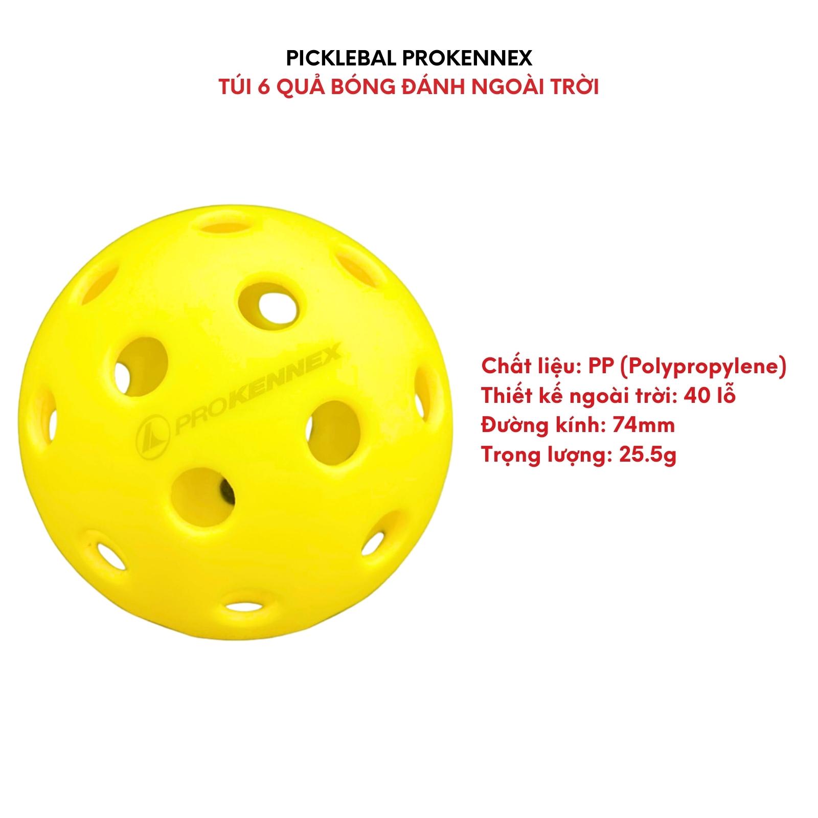 Bóng Pickleball ProKennex trong nhà ngoài trời chất lượng set 6 quả xoay bền thi đấu, bóng pickleball Prokennex lẻ, túi vợt Pickleball đen chất lượng