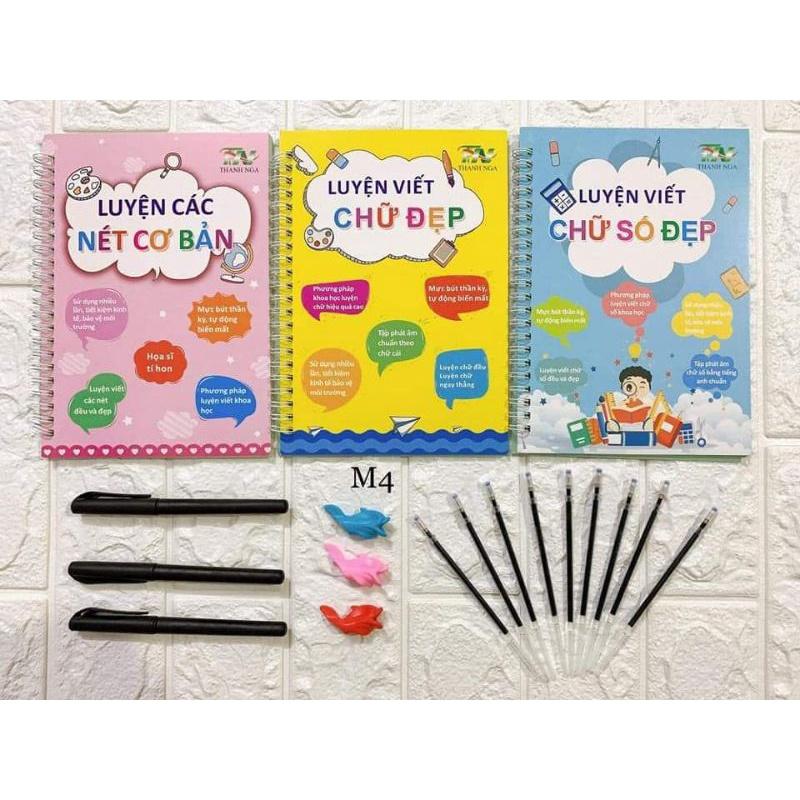 Tập viết - Bộ 3 quyển Luyện Viết Thần Kỳ Tự Xoá Chữ Đẹp- Số Đẹp- Nét Cơ Bản Phiên Bản Chuẩn Tiếng Việt