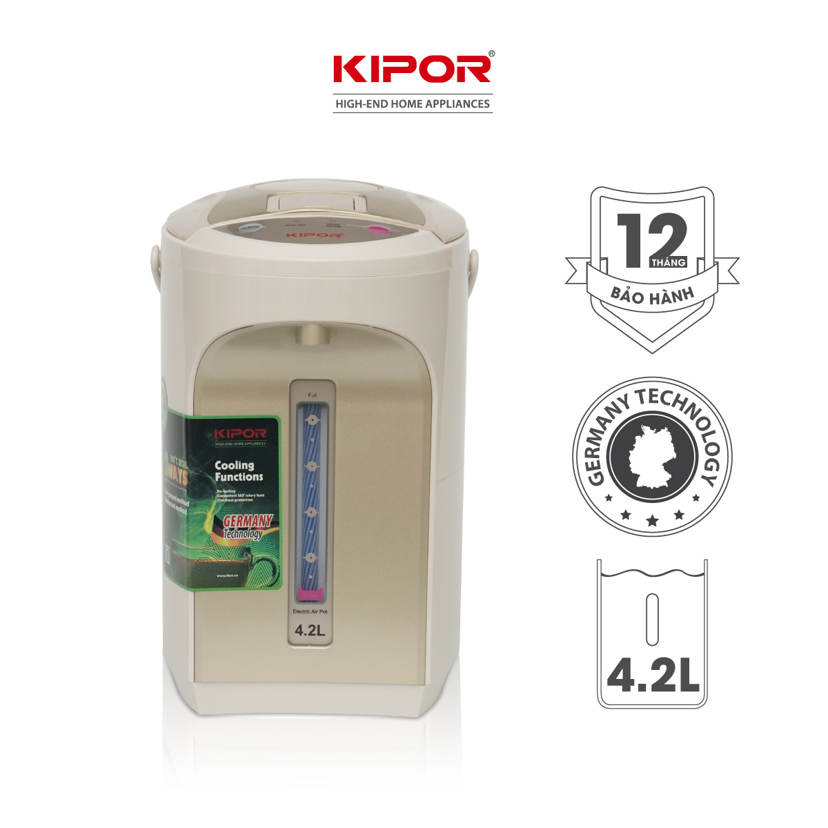 Bình thuỷ điện KIPOR KP-EP642 - 4,2L - Ruột bình inox 304 -  Đun sôi nhanh, có tay cầm, chế độ tự bật, tự ngắt, 3 chế độ lấy nước - Hàng chính hãng