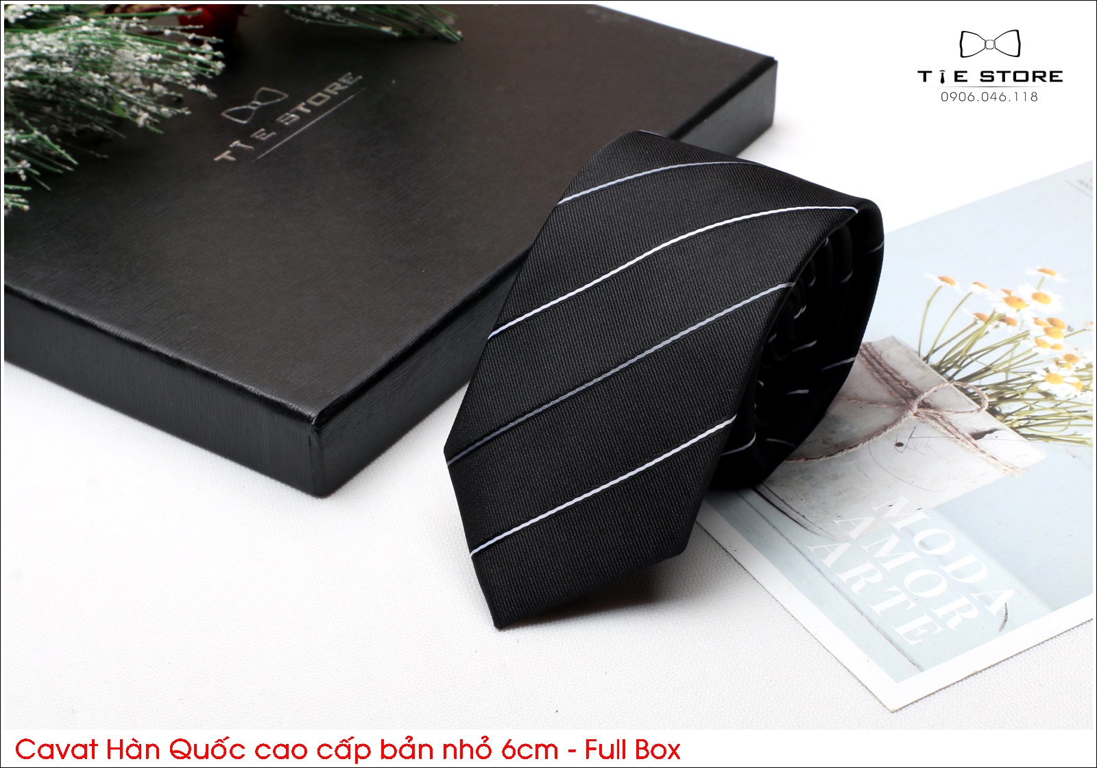 Cà Vạt Nam Bản nhỏ 6cm đen kẻ chéo - Cavat Hàn Quốc Cao Cấp Full box