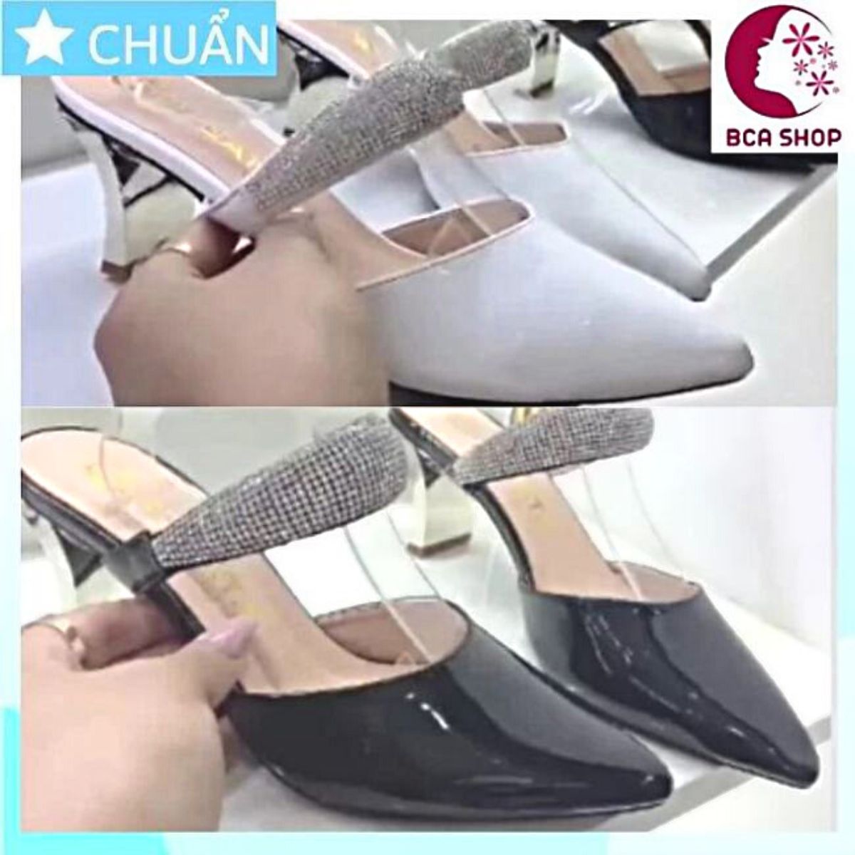 Giày cao gót nữ màu trắng 5p RO440 ROSATA tại BCASHOP quai ngang gắn hạt kim cương nhỏ, gót kiểu guốc sành điệu