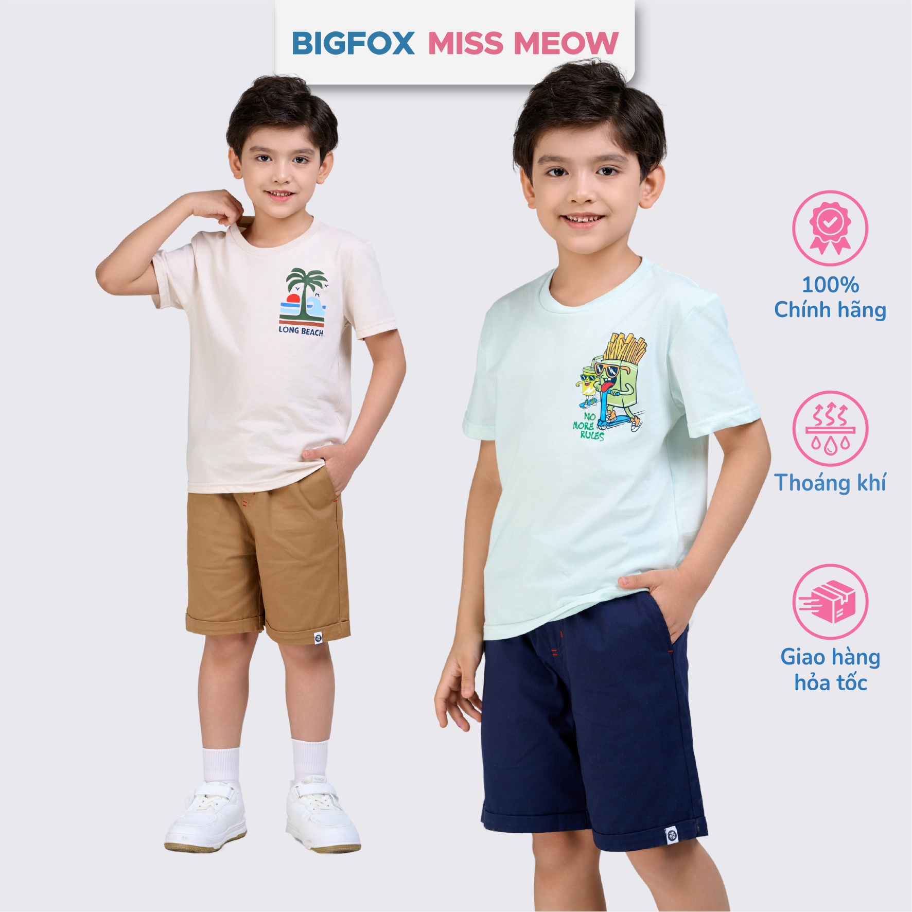 Áo bé trai Bigfox Miss Meow mùa hè chất cotton size đại cộc tay in đẹp cỡ 3,7,9,11 tuổi 30kg 40kg