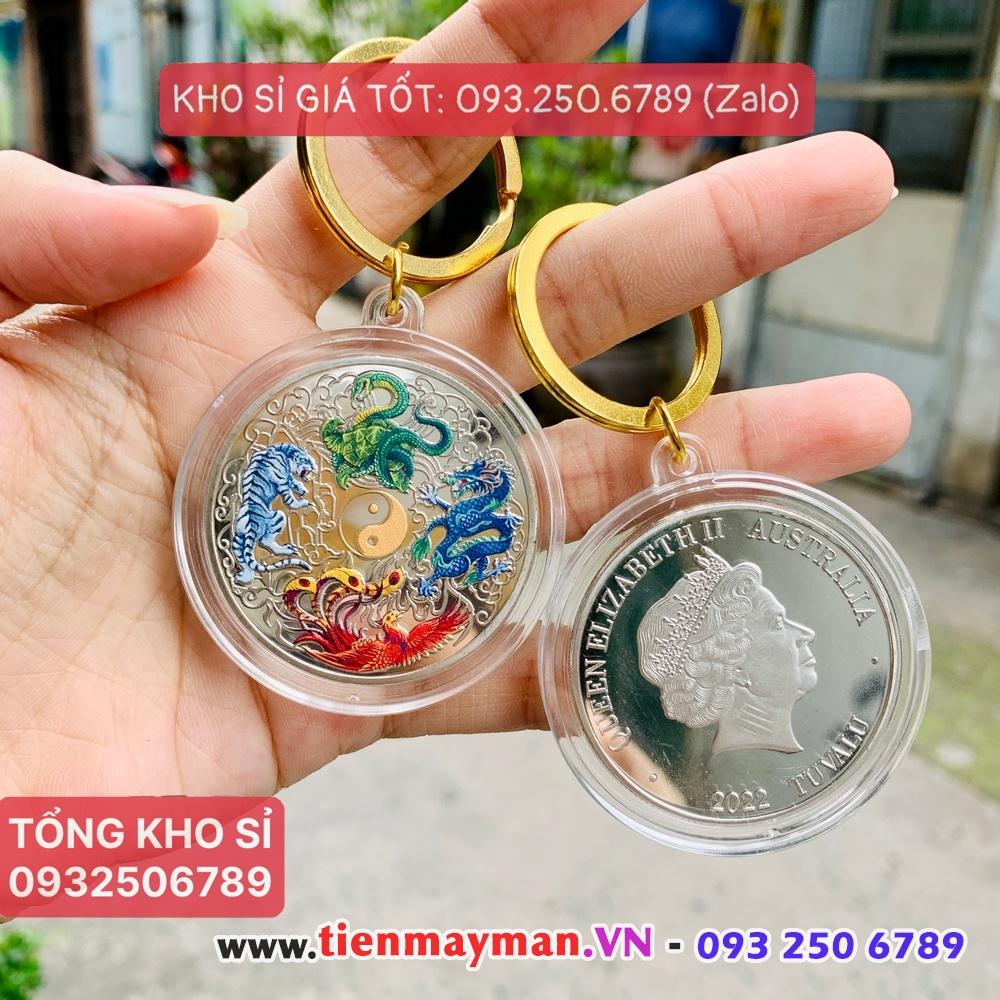 Móc khóa nhà, xe máy Đồng Xu Tứ Linh In Màu 3D Phong Thủy May Mắn, kèm Túi Gấm Đỏ - PASA COLLECTION