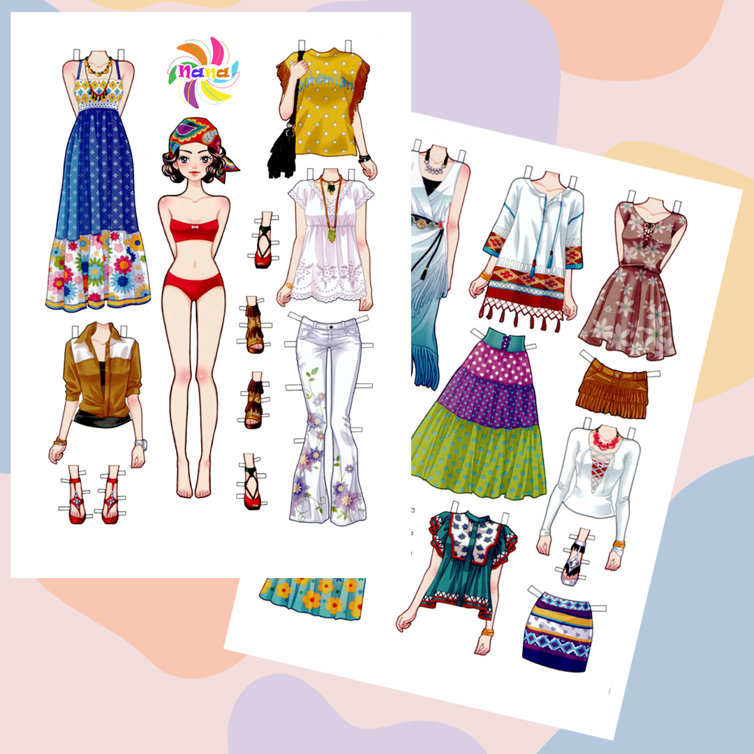 Búp bê giấy (paper doll) thay đồ phong cách Hàn Quốc giấy cắt thủ công cho bé Combo 6 hình siêu đáng yêu BBG0018