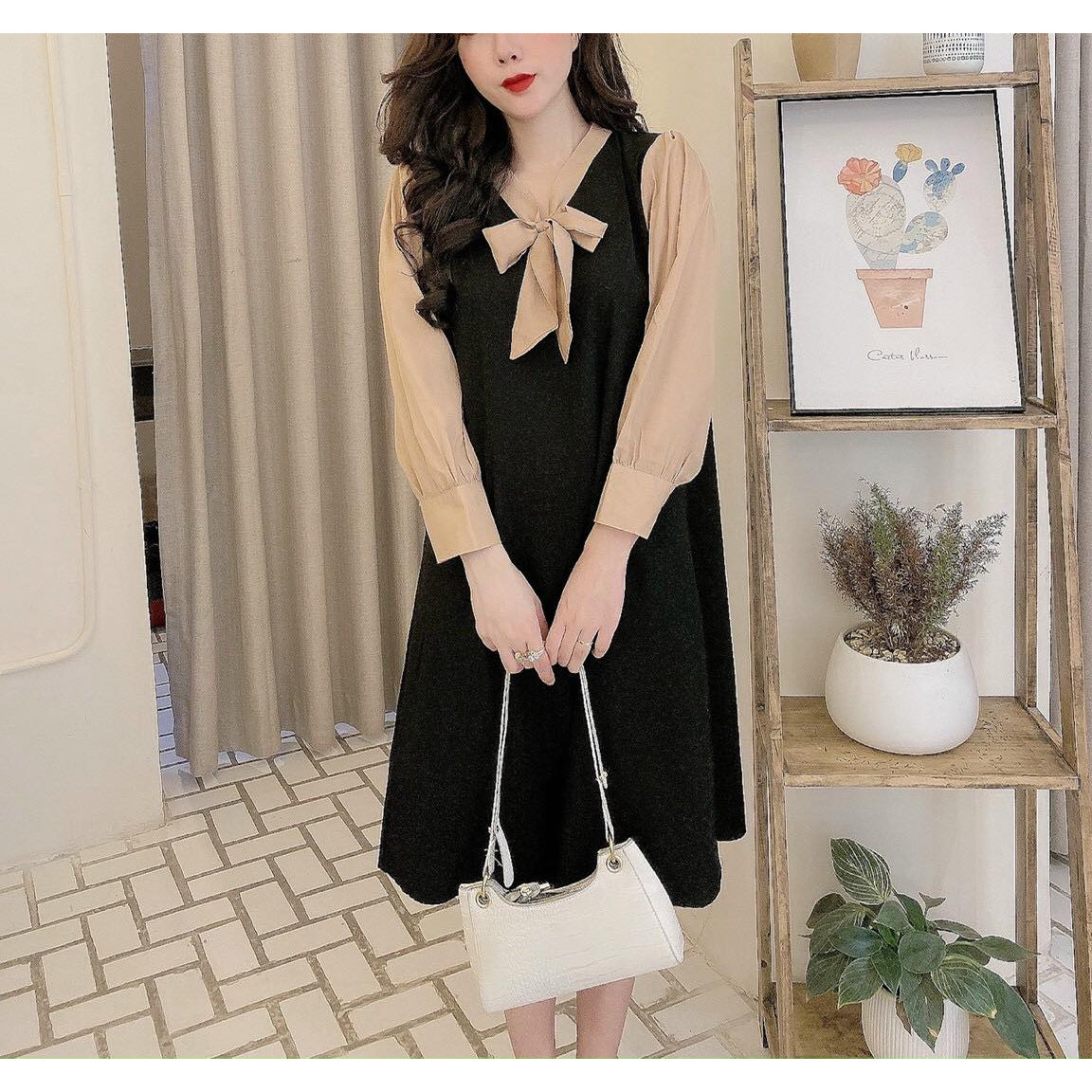 Đầm bầu suông dài tay mua thu có túi