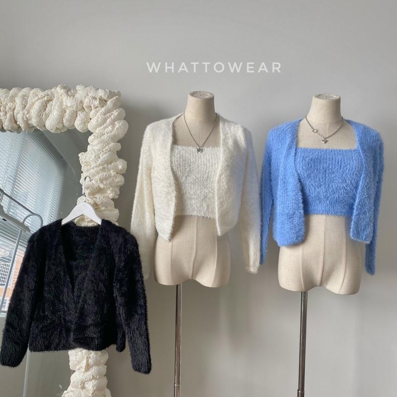 Set áo cardigan và áo 2 dây len lông thỏ