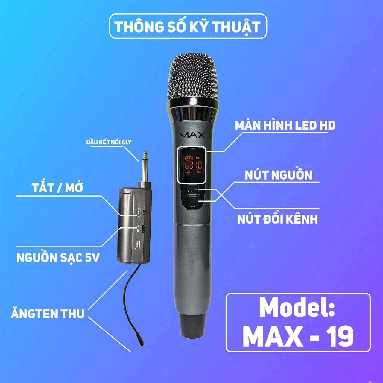 Micro Karaoke Không Dây Đa Năng Max 39 Chống Hú - Màn Hình Lcd Hiển Thị Tần Số - Phù Hợp Cho Mọi Thiết Bị