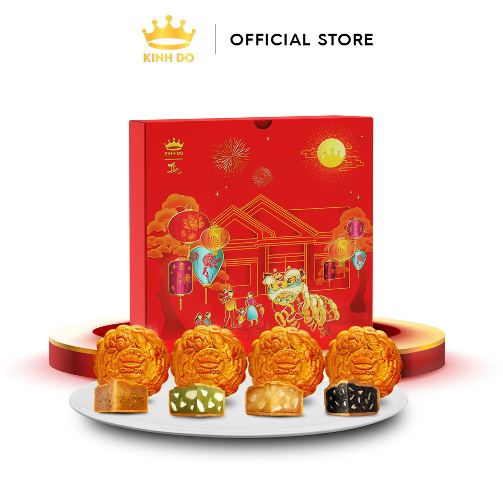 Tặng lồng đèn giấy - Hộp 4 bánh trung thu Kinh Đô giảm đường tinh luyện &quot;Sống Xanh&quot; (3 bánh ăn kiêng x 150g + 1 bánh 1 trứng x 150g)