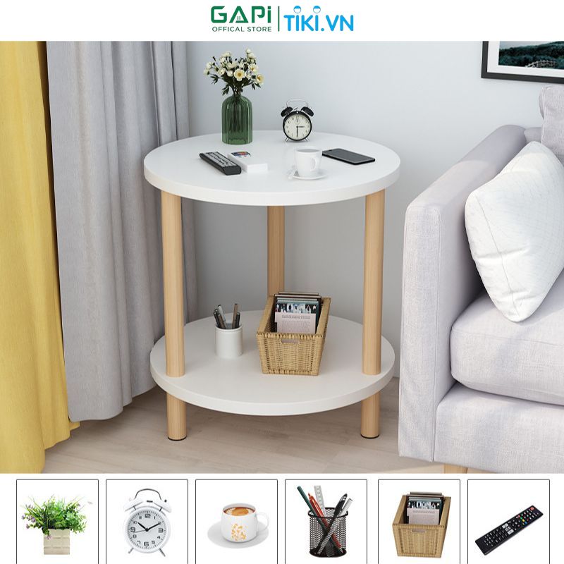 Bàn trà gỗ 2 tầng bề mặt chống nước, Bàn decor không gian chân gỗ sồi tháo lắp đơn giản phù hợp với mọi không gian GAPI GP251