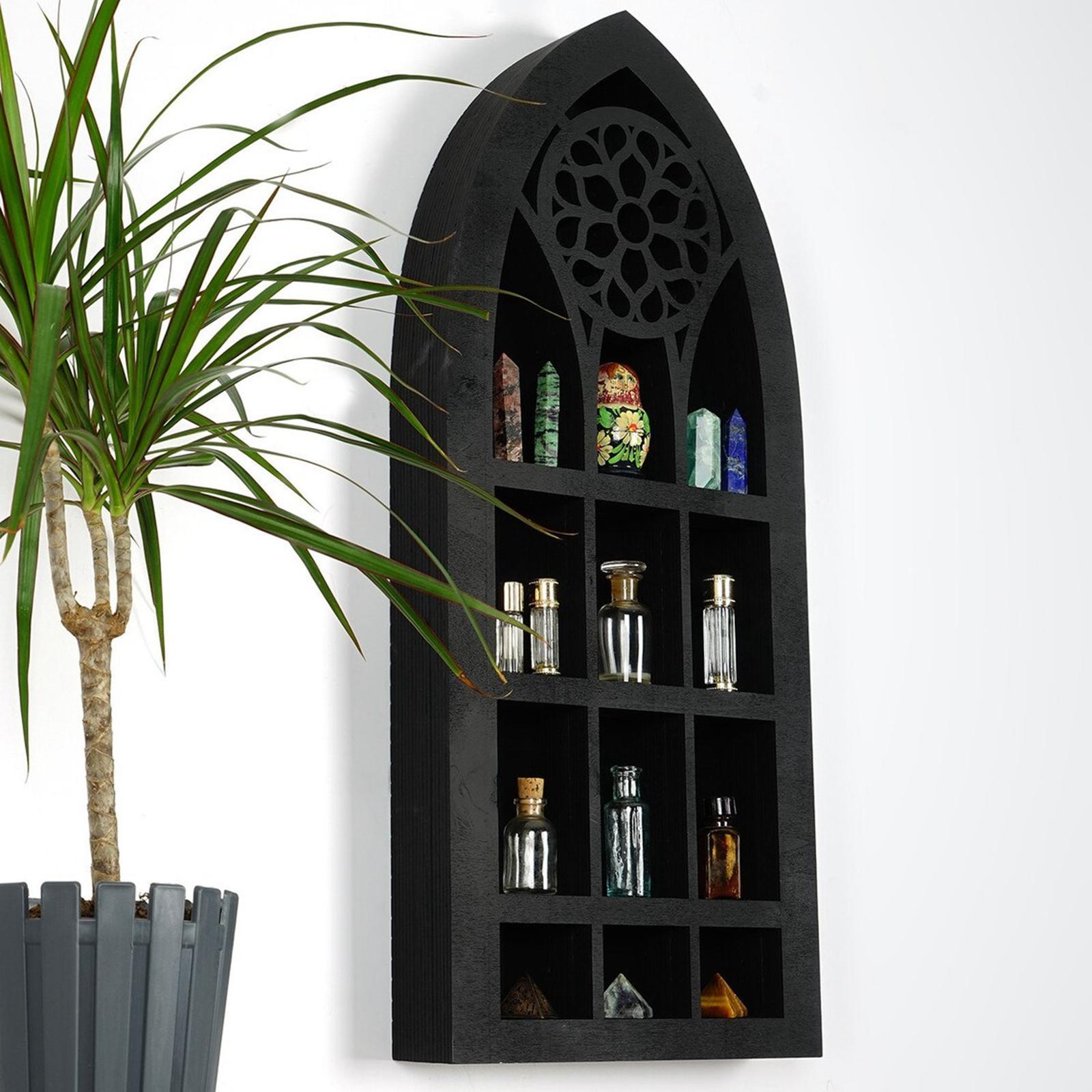 Wall Decor Display Shelf Church Window Design Black Wooden Shelf for Wall Figurine Display Shelf for Bathroom Gothic Room Decoration Office