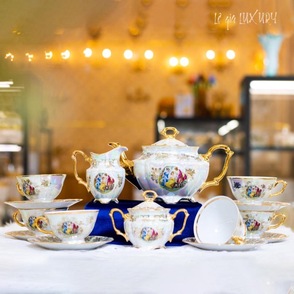 Bộ ấm chén trà Mạ vàng TÂN CỔ ĐIỂN, Bộ ấm chén trà Châu Âu cao cấp Sang trọng, Gốm Sứ Tiệp Khắc, Ấm chén cao cấp nhập khẩu -ACT4
