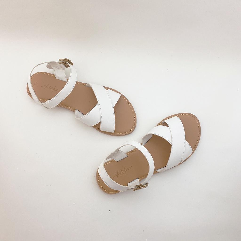 Sandal nữ đế bệt cao 1cm đi học mũi tròn quai hậu chéo có Bigsize HISHOO S037