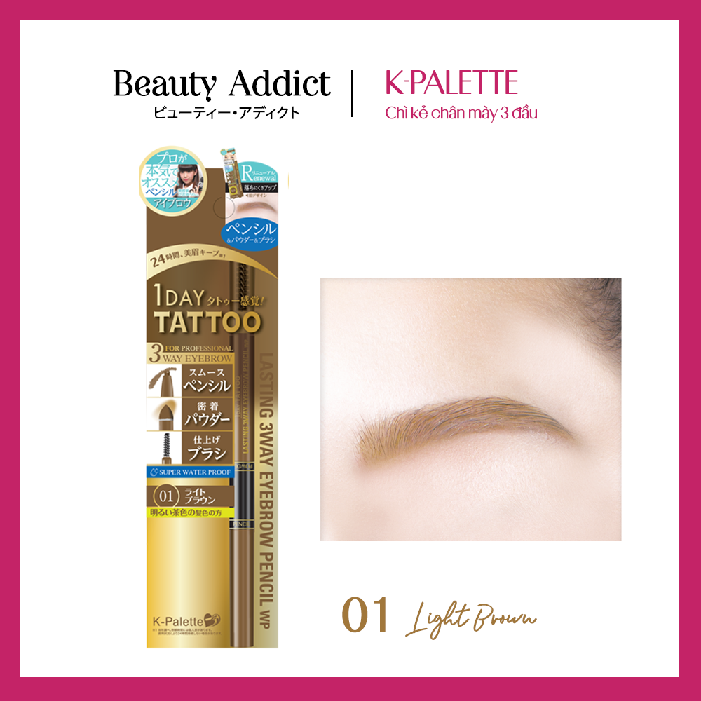 Bút Vẽ Lông Mày 3 Đầu Nhật Bản, Đầu Chì, Đầu Bột, Cọ Chải, K-Palette Eyebrow Pencil, Chống Lem, Lâu Trôi, Bền Màu 24h