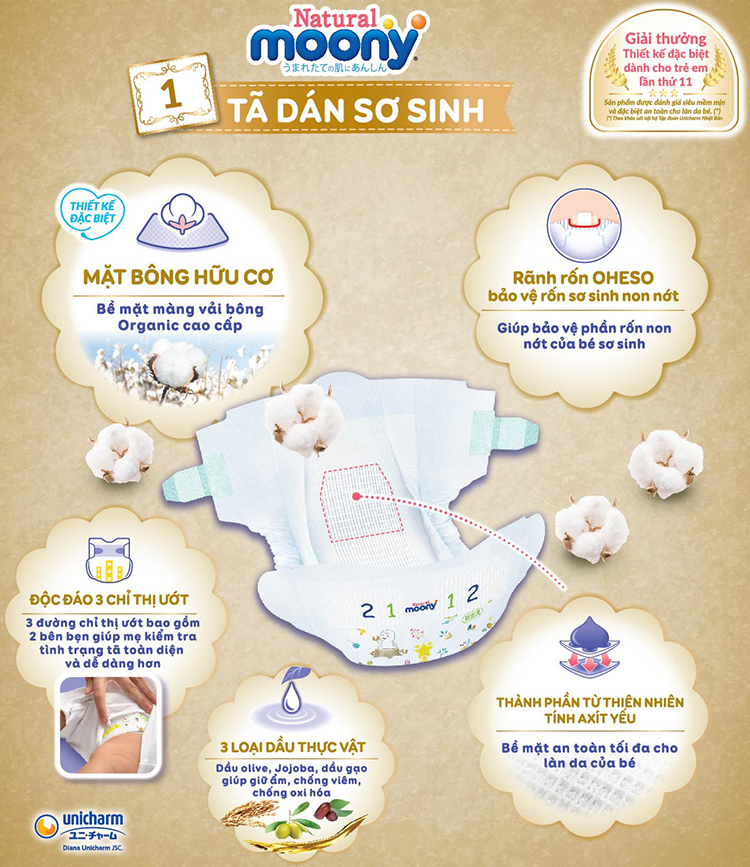 Bỉm Dán Moony Natural Newborn 63 miếng nội địa Nhật