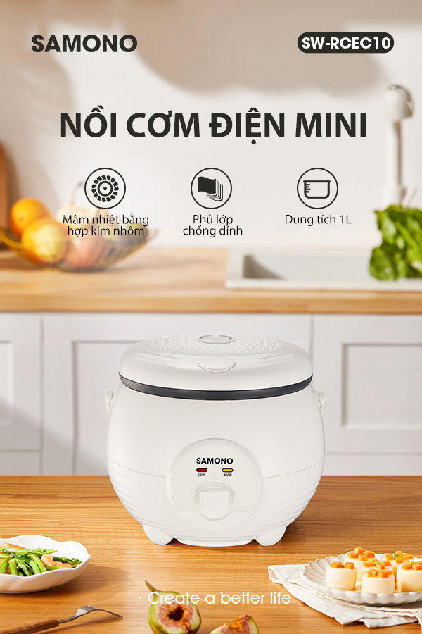 Nồi Cơm Điện Mini SAMONO Dung tích 1 Lít Lòng nồi chống dính Mâm nhiệt bằng hợp kim nhôm SW - RCEC10 - HÀNG CHÍNH HÃNG