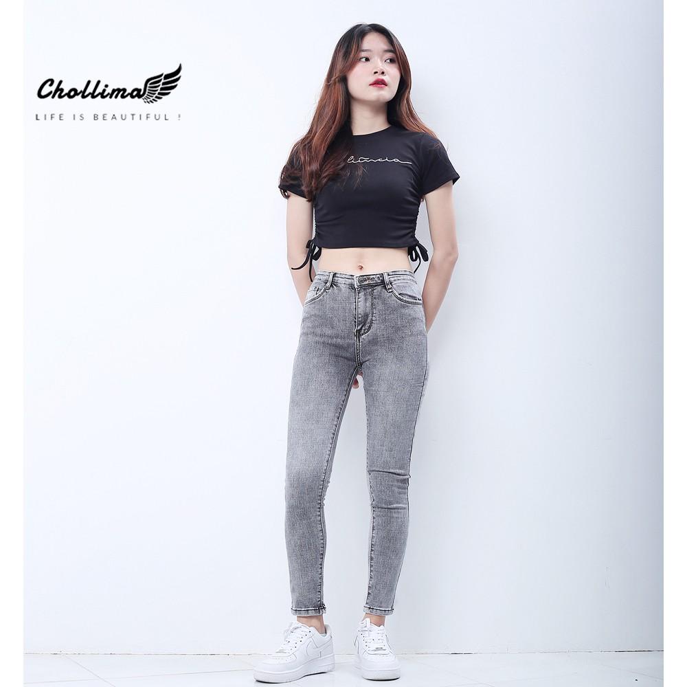 Quần jeans dài nữ co giãn Chollima cạp thường màu xám trắng QD029