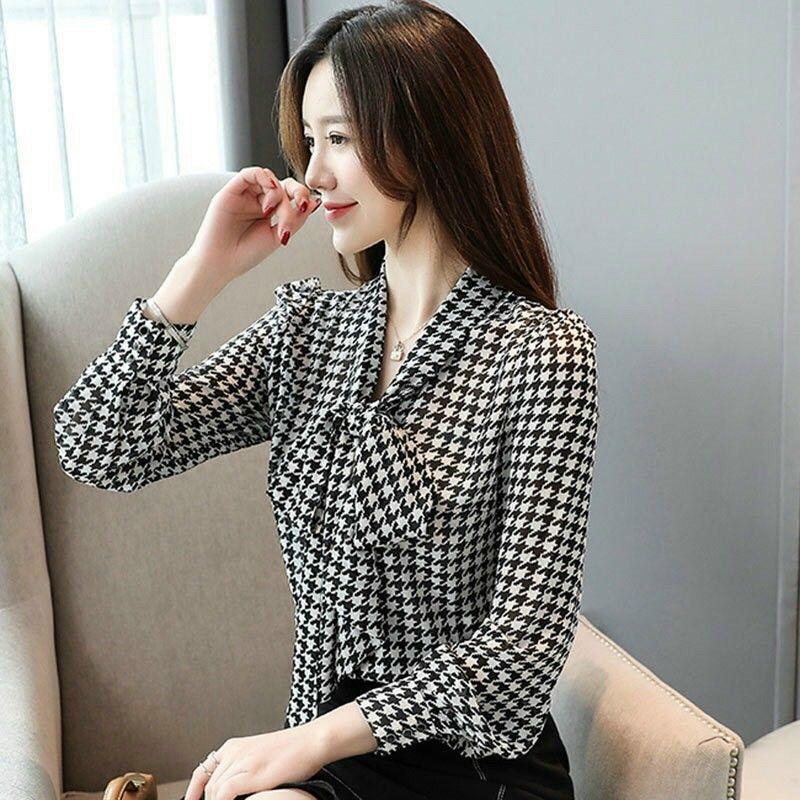 ÁO SƠ MI HỌA TIẾT CỔ PHỐI DÂY CỘT NƠ