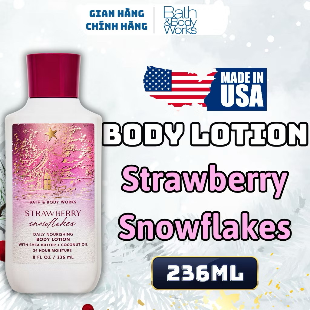 Body Mist Bath And Body Works Nam Nữ Chính Hãng Strawberry Snowflakes, Xịt Thơm Body Toàn Thân Hương Nước Hoa 236ml