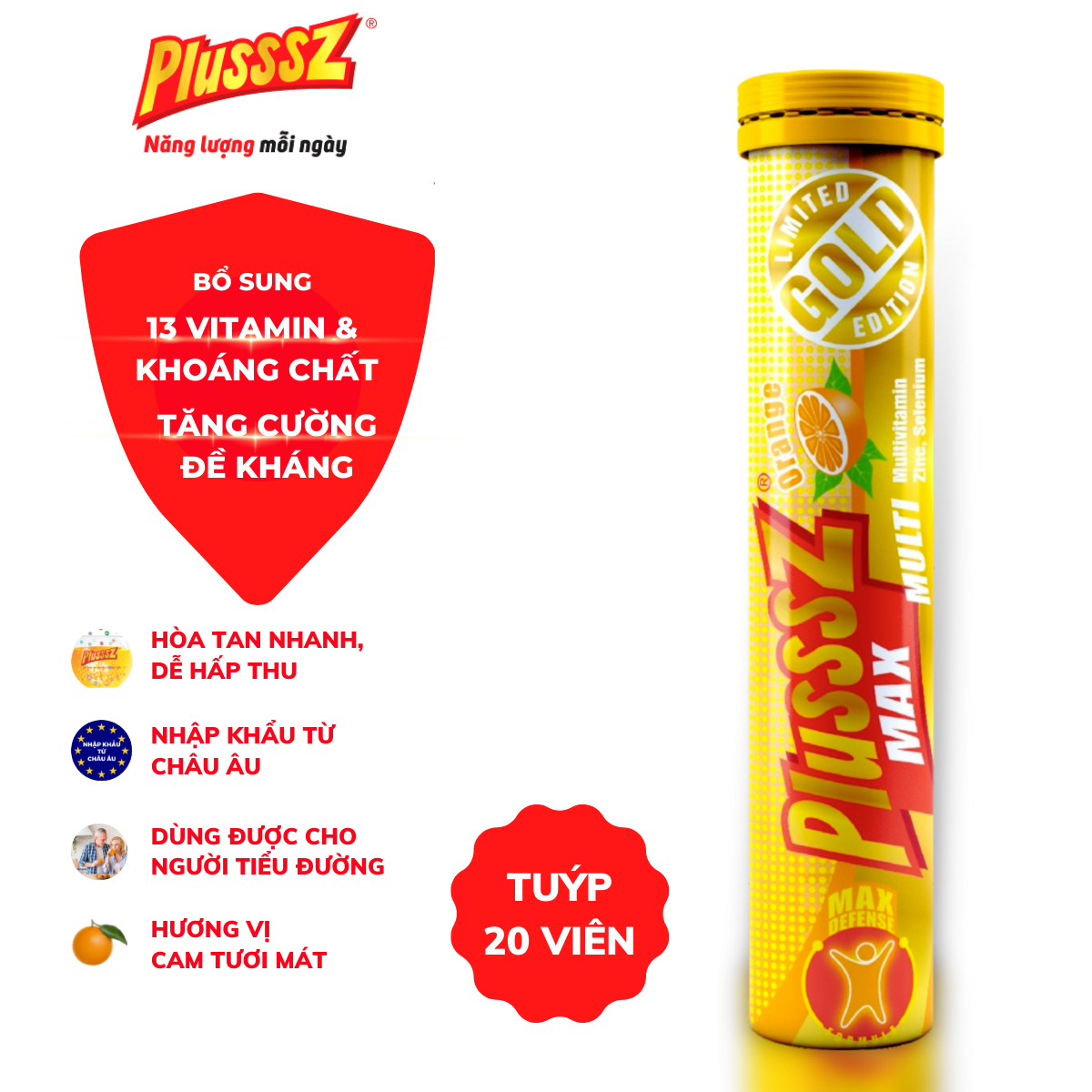 Viên bổ sủi bọt Plusssz Max Multivitamin không đường hương vị cam