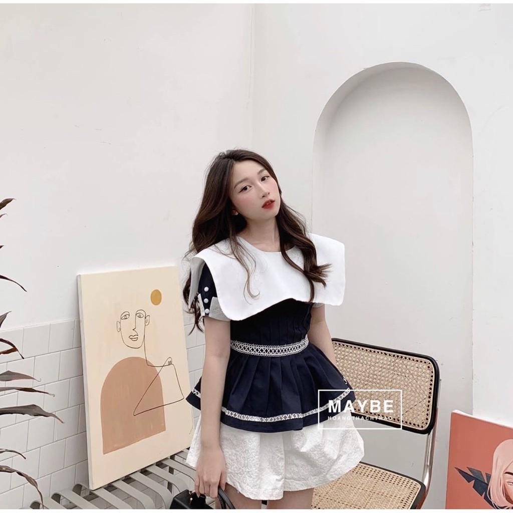Áo peplum xanh phối trắng tiểu thư sang chảnh
