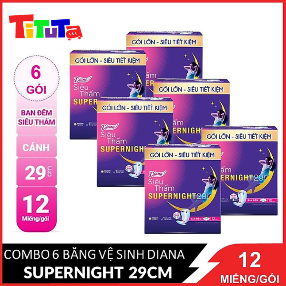 COMBO 6 G&amp;oacutei Băng vệ sinh Diana Si&amp;ecircu thấm Supernight 29cm 12 miếng/g&amp;oacutei