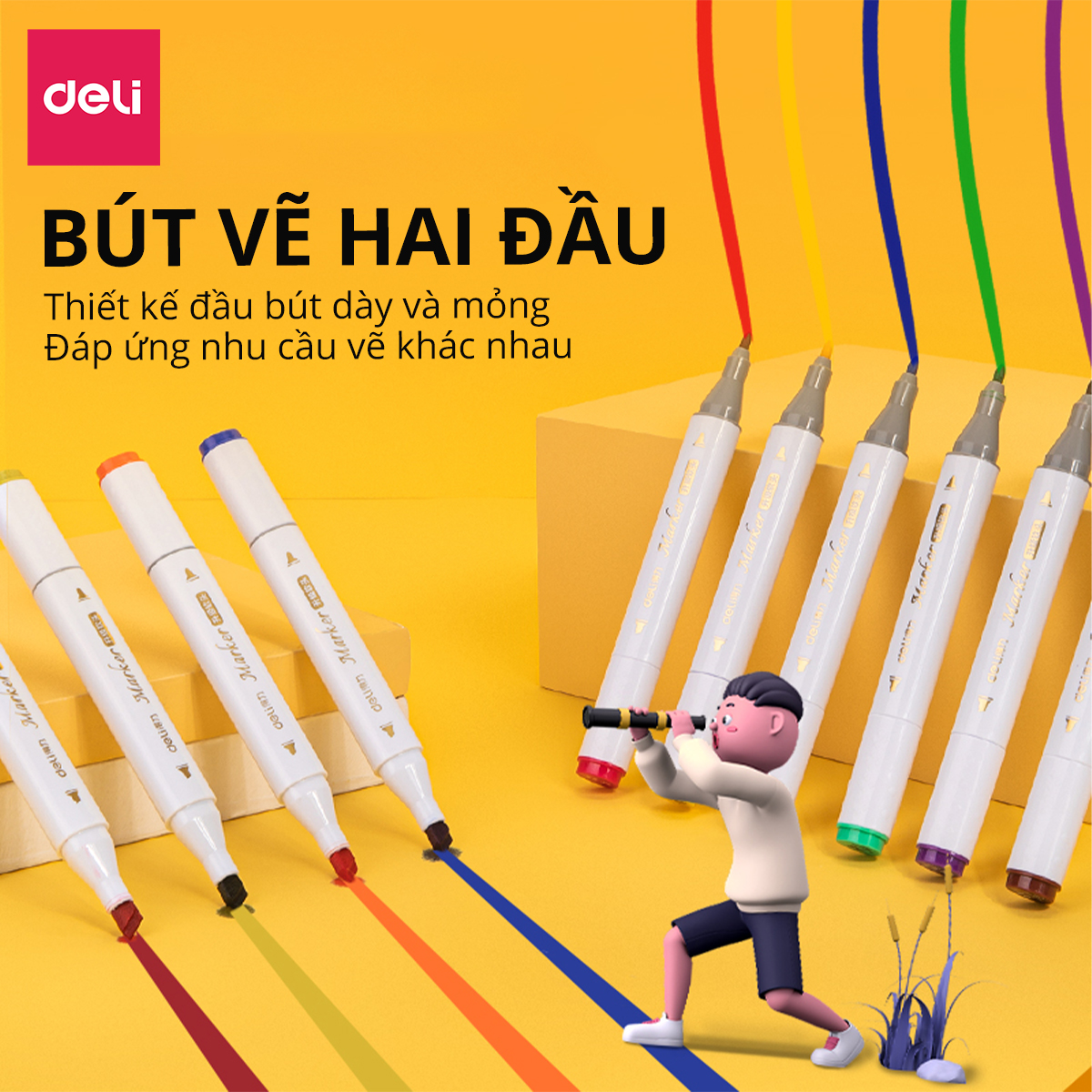 Bút Màu Dạ Marker 2 Đầu Chuyên Nghiệp Deli - Kèm Hộp Nhựa - 24/36/48/60 Màu Đậm, Mực Đều - Tô Màu, Đi Nét, Vẽ Tranh