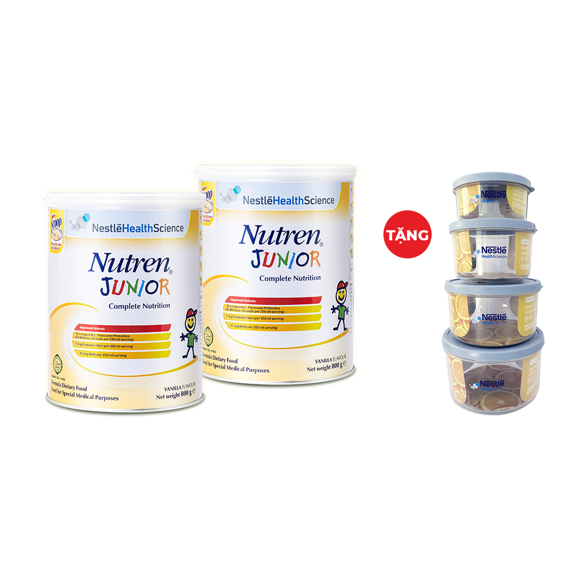 Combo 2 lon thực phẩm dinh dưỡng Nutren Junior Thụy Sĩ hỗ trợ tăng cân tiêu hóa tốt cho trẻ từ 1 đến 10 tuổi 800g/lon -  Tặng Hộp gia dụng