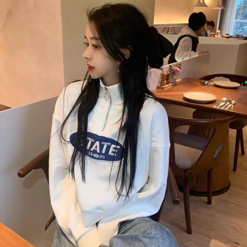 Áo Polo Cao Cổ Khoá Kéo Dáng Ngắn Tay Bồng Thêu Chữ STATE Vải Mềm Mịn Đẹp SWEATER
