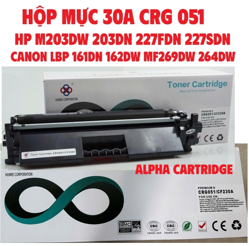 Hộp mực 30A 051 cho Canon LBP 161d 161dn 162dw MF261d 264dw MF266dn 267dw 269dw - HP M227fdn 227sdn M203dw 203dn | CÓ LỔ ĐỔ MỰC -Hàng chính hãng Alpha Cartridge