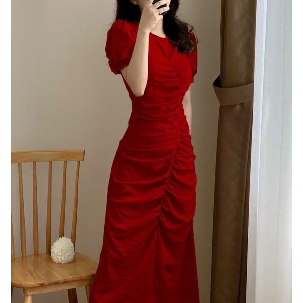 ĐẦM NHÚN THÂN TAY BỒNG ĐỎ - DA2364