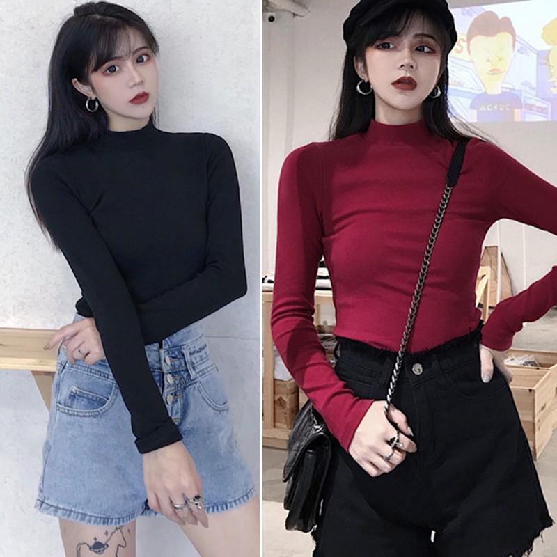 Áo thun dài tay cổ lọ màu trơn đơn giản phong cách Hàn Quốc