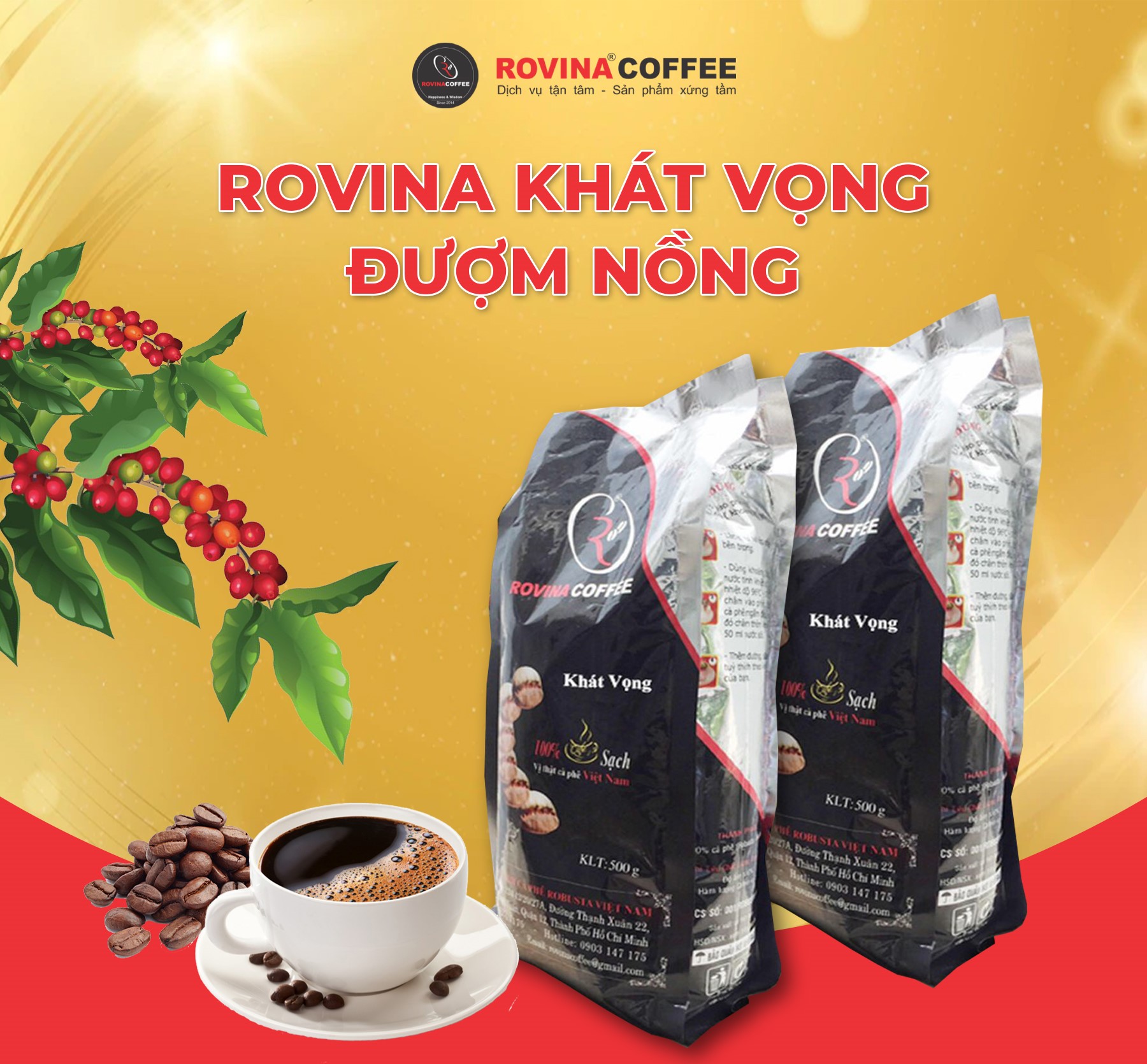 Cà Phê Rovina Khát Vọng - Pha Máy - Gói 500gr Nguyên Hạt Với Mùi Vị Đặc Trưng Đúng Vị Thật Của Cà Phê Việt Nam, Vị Đắng Của Robusta, Mùi Thơm Của Arabica