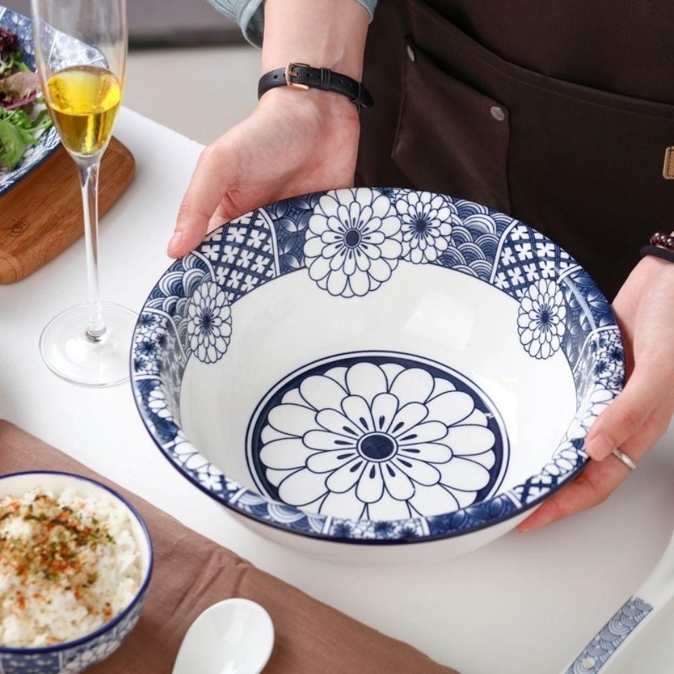 Tô lớn 9 inches đựng canh súp - bát ramen Nhật Bản màu xanh và trắng bằng gốm sứ hoa văn trang nhã - bát đĩa gốm sứ ccấp