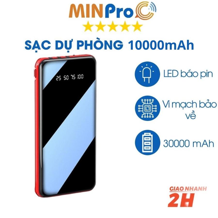 Cục sạc dự phòng 10000mAh mini, pin dự phòng nhỏ gọn, tặng kèm dây cáp 3 đầu hình vuông - MINPRO