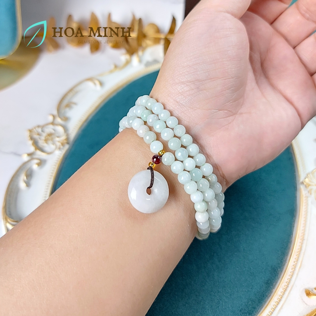 Vòng tay chuỗi 108 hạt Cẩm Thạch bạch ngọc nếp băng size hạt 5.5 li phối điếu cẩm thạch phong thủy tài lộc