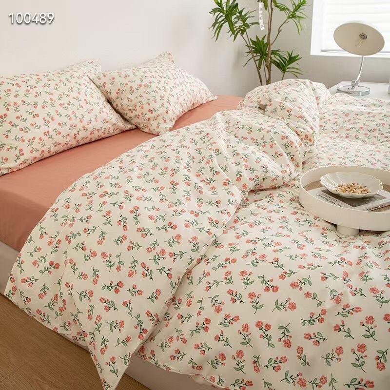 Bộ Chăn Ga Gối Cotton Living Hàng Nhập Khẩu Cao Cấp 4 Món Hoa Nhí Vintage Hồng