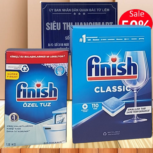 Combo 110 viên Finish +1.5kg muối rửa bát dùng cho máy rửa bát chén + Tặng 3 viên Finish