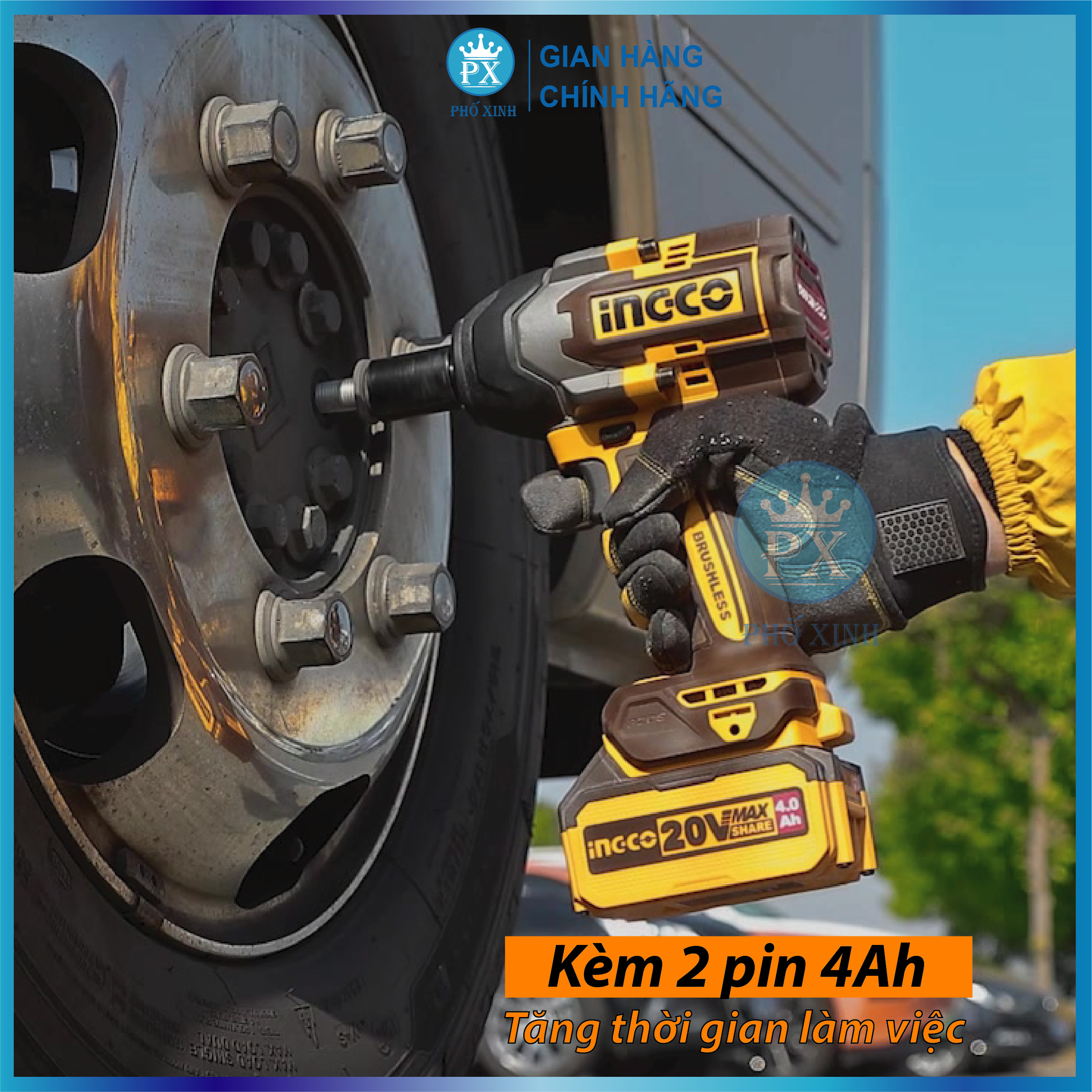 Máy siết bulong INGCO 850NM xe ô tô xe máy xe tải tháo mở ốc bulong pin KHÔNG CHỔI THAN CIWLI2085 kèm 1 sạc 2 pin 4ah