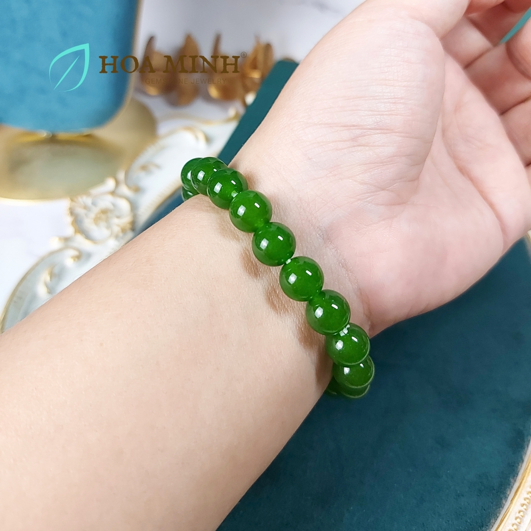 Vòng Tay Phong Thủy đá Mã Não xanh màu ngọc bích size hạt 9.9 li tuyệt đẹp thời trang