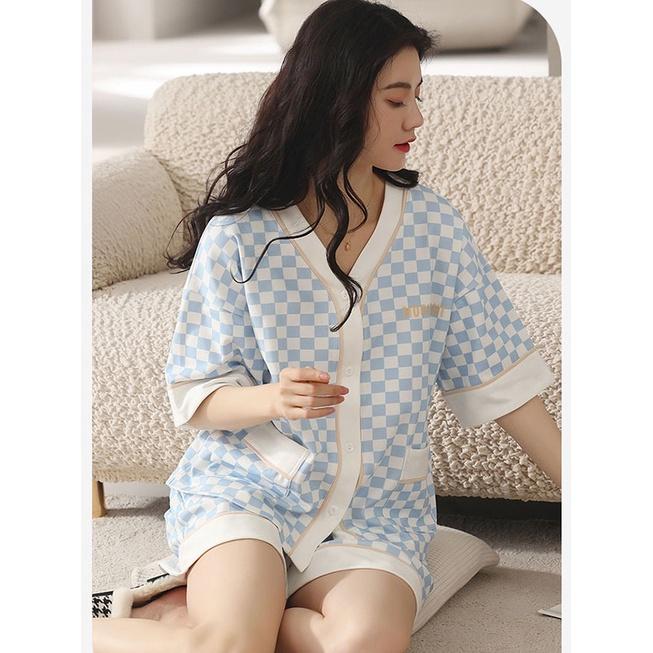 Bộ Pyjama Nữ Cộc Tay Ống Rộng Phối Viền Caro