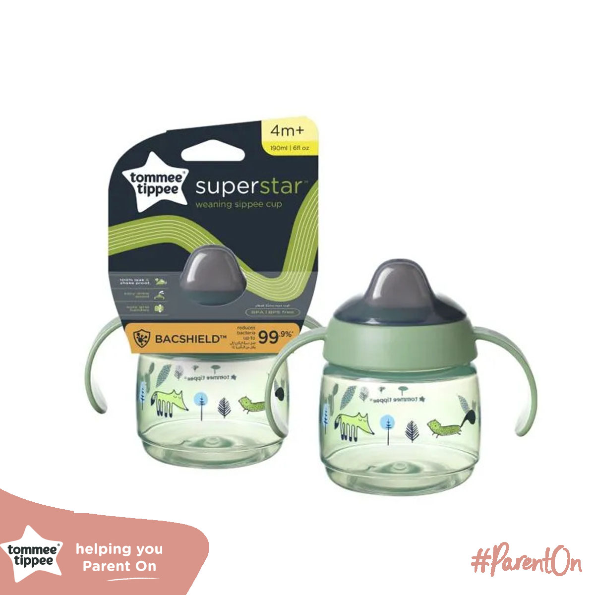 Bình tập uống nước có vòi mút kháng khuẩn chống tràn, chống sặc Tommee Tippee SuperStar, 190ml, cho bé từ 4 tháng – Xanh lá