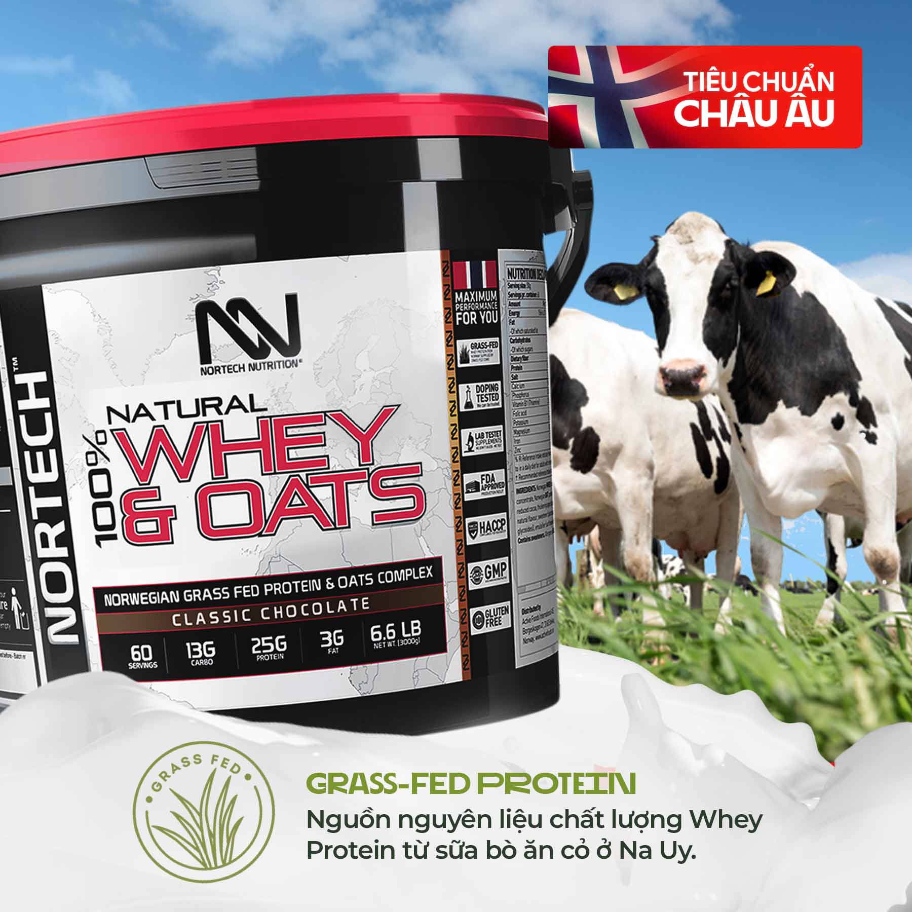 Sữa tăng cơ 100% Whey &amp; Oats từ Nortech Nuttrion (60 Lần dùng) – Whey Protein &amp; Carb tốt, chất xơ từ Yến mạch hữu cơ - Tăng cơ tự nhiên, cung cấp dinh dưỡng tối đa cho tập luyện thể thao