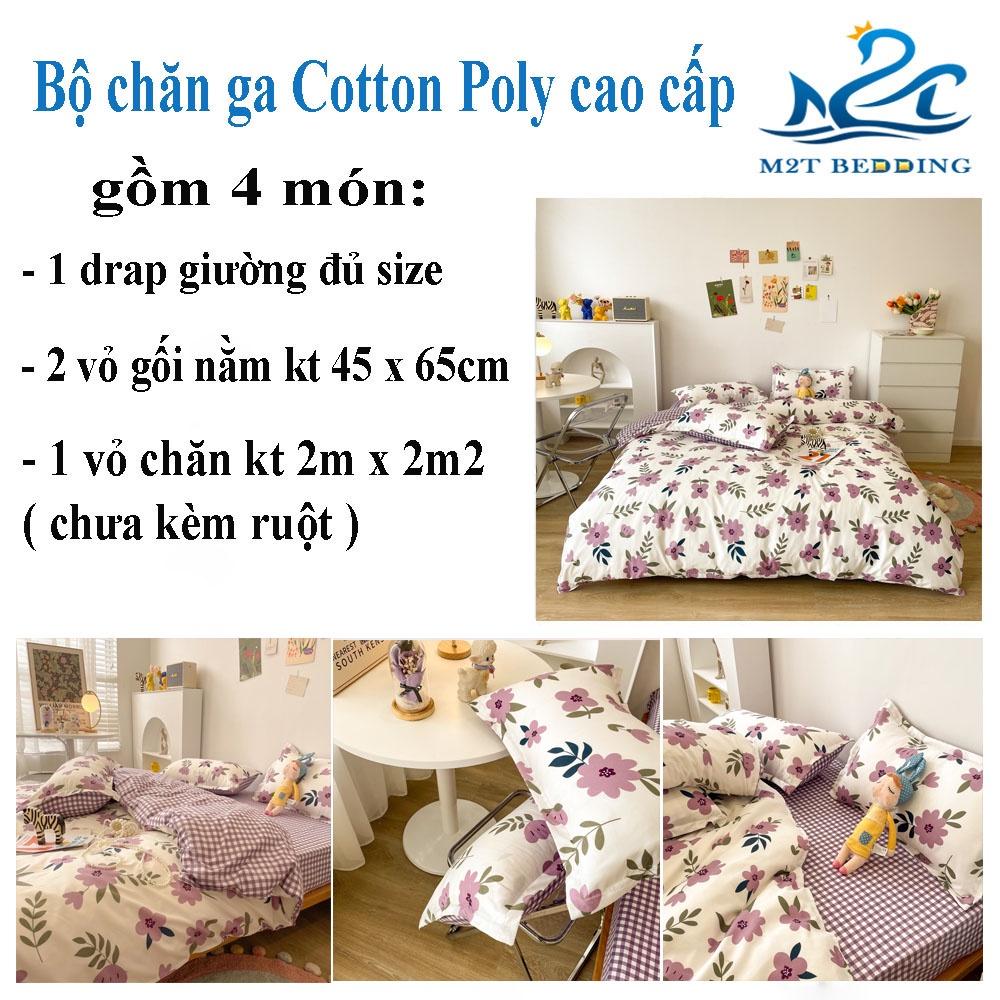 Bộ chăn ga gối Cotton Poly M2T bedding, vỏ chăn mền, drap ga giường, 2 vỏ gối - PL Hoa sim tím