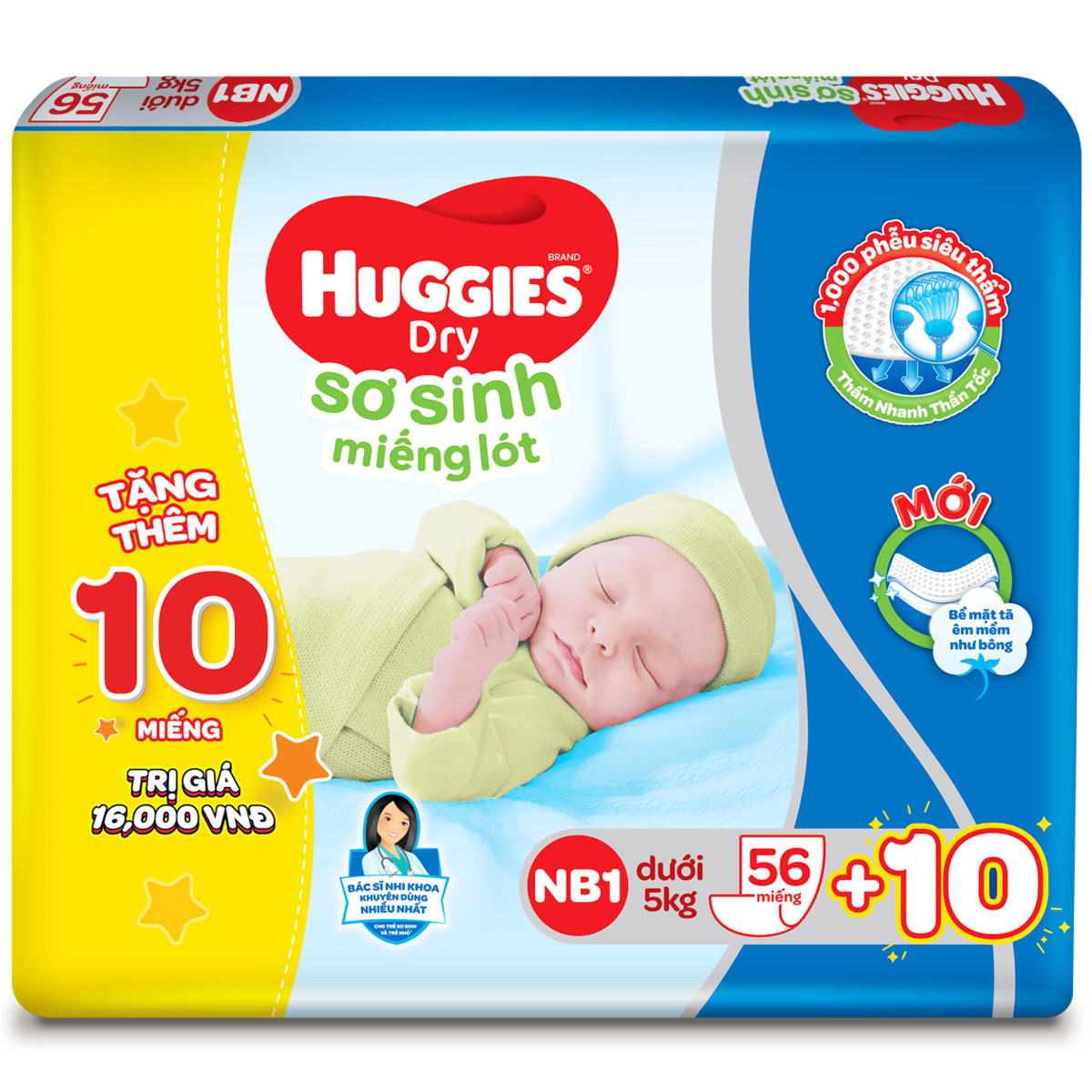 Miếng lót Sơ Sinh Huggies NB1 56 miếng - NB 1 56 + Tặng 10 miếng