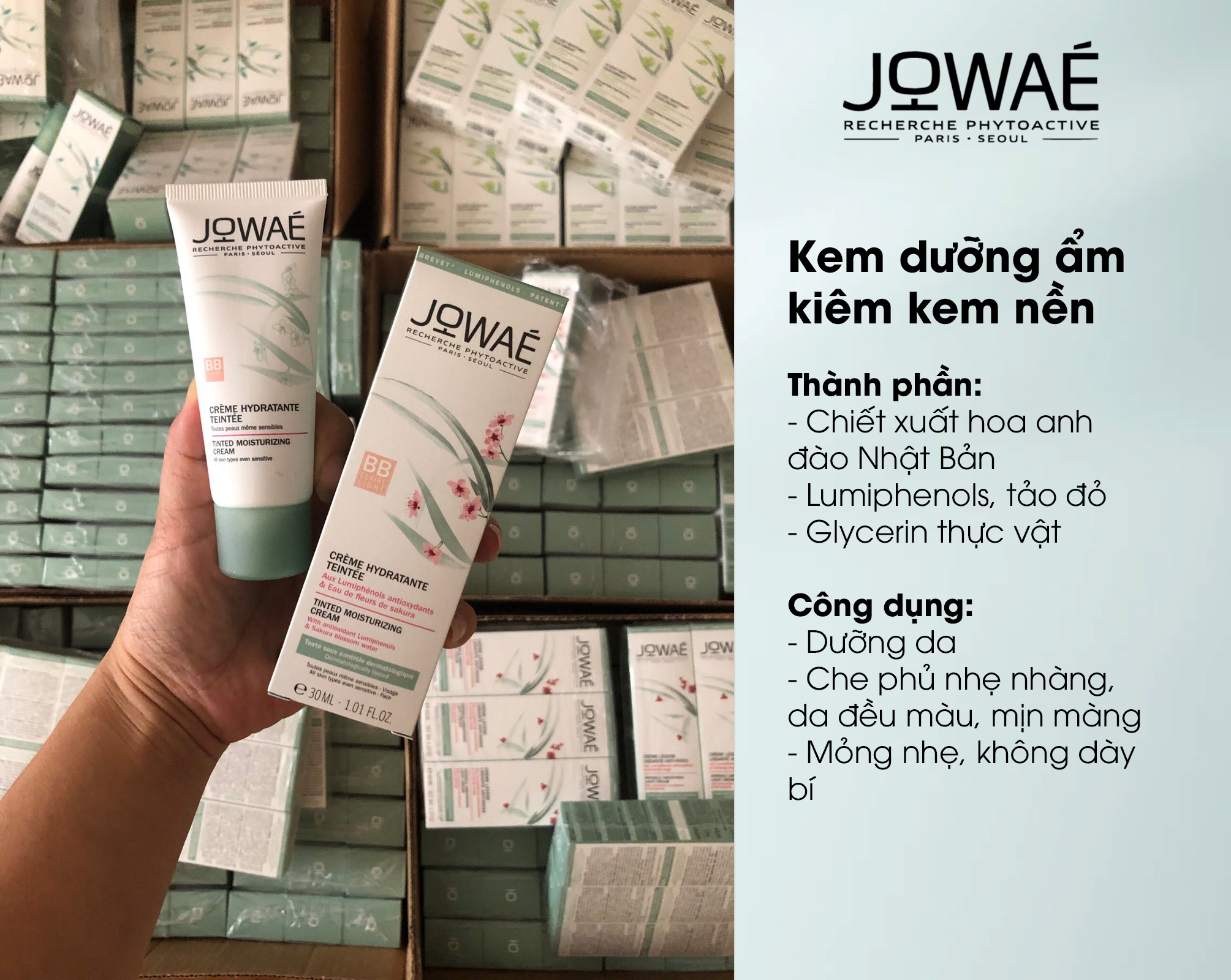 Kem dưỡng ẩm sáng da kiêm kem nền JOWAE mỹ phẩm thiên nhiên nhập khẩu chính hãng từ Pháp Tinted Moisturizing Cream Light 30ml