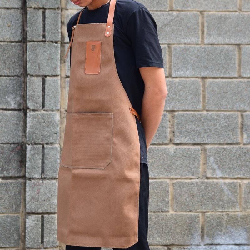 Tạp dề pha chế vải canvas dây da của Junsleather phối da bò cao cấp dành cho Barista/Bartender quán cà phê