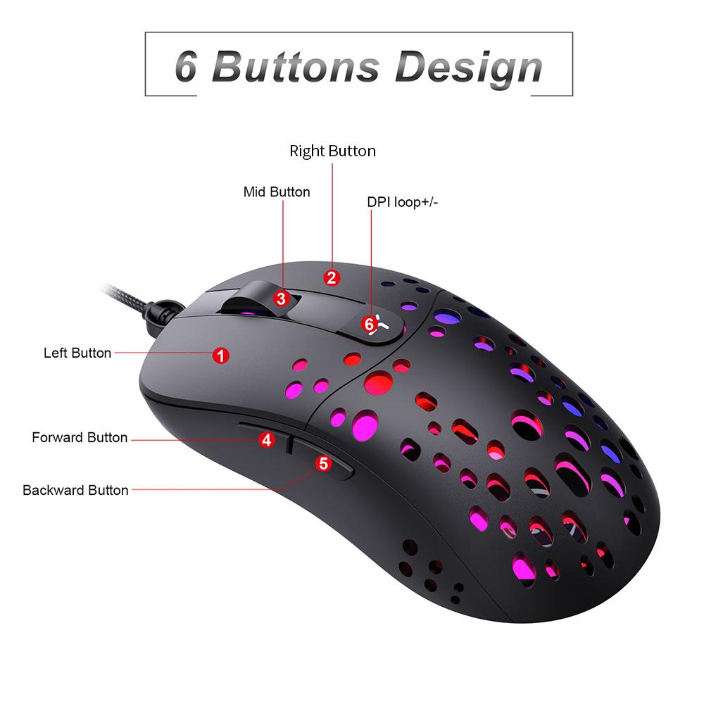 Chuột chơi game có dây HXSJ A904 lập trình macro với DPI có thể điều chỉnh 6 cấp độ 6 Chế độ chiếu sáng RGB