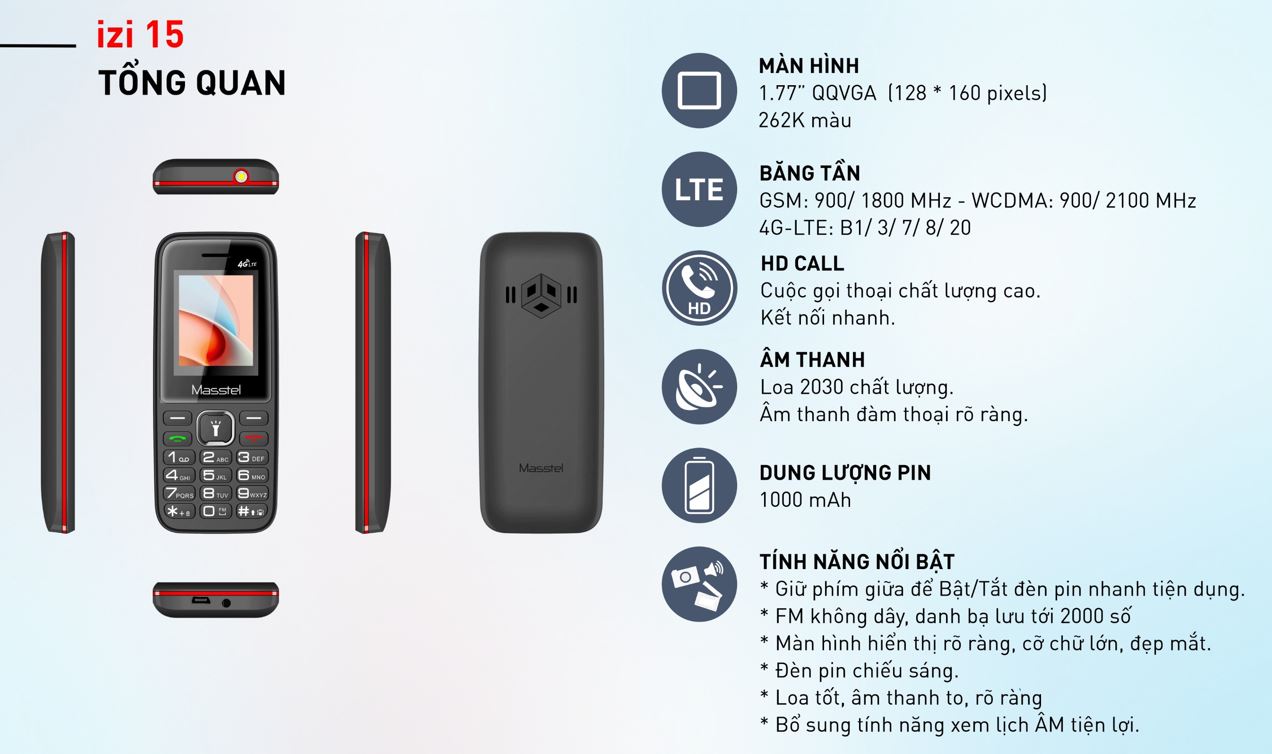 Điện thoại Masstel izi 15 4G (2 sim 2 sóng, hỗ trợ thẻ nhớ) Hàng chính hãng