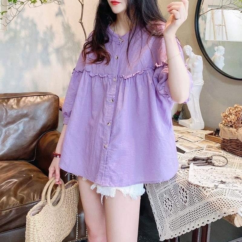 ÁO SƠ MI CỔ TÀU DÁNG BABYDOLL TAY BỒNG