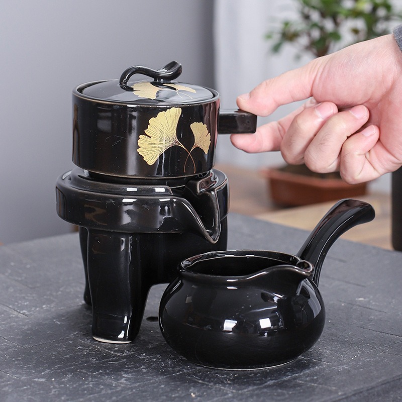 Ấm pha trà cối xoay Bộ ấm trà đàm đạo bao gồm 1 ấm trà cối xay tử sa, 6 chén uống trà, màu cánh gián có hộp carton và 1 khay trà màu đen